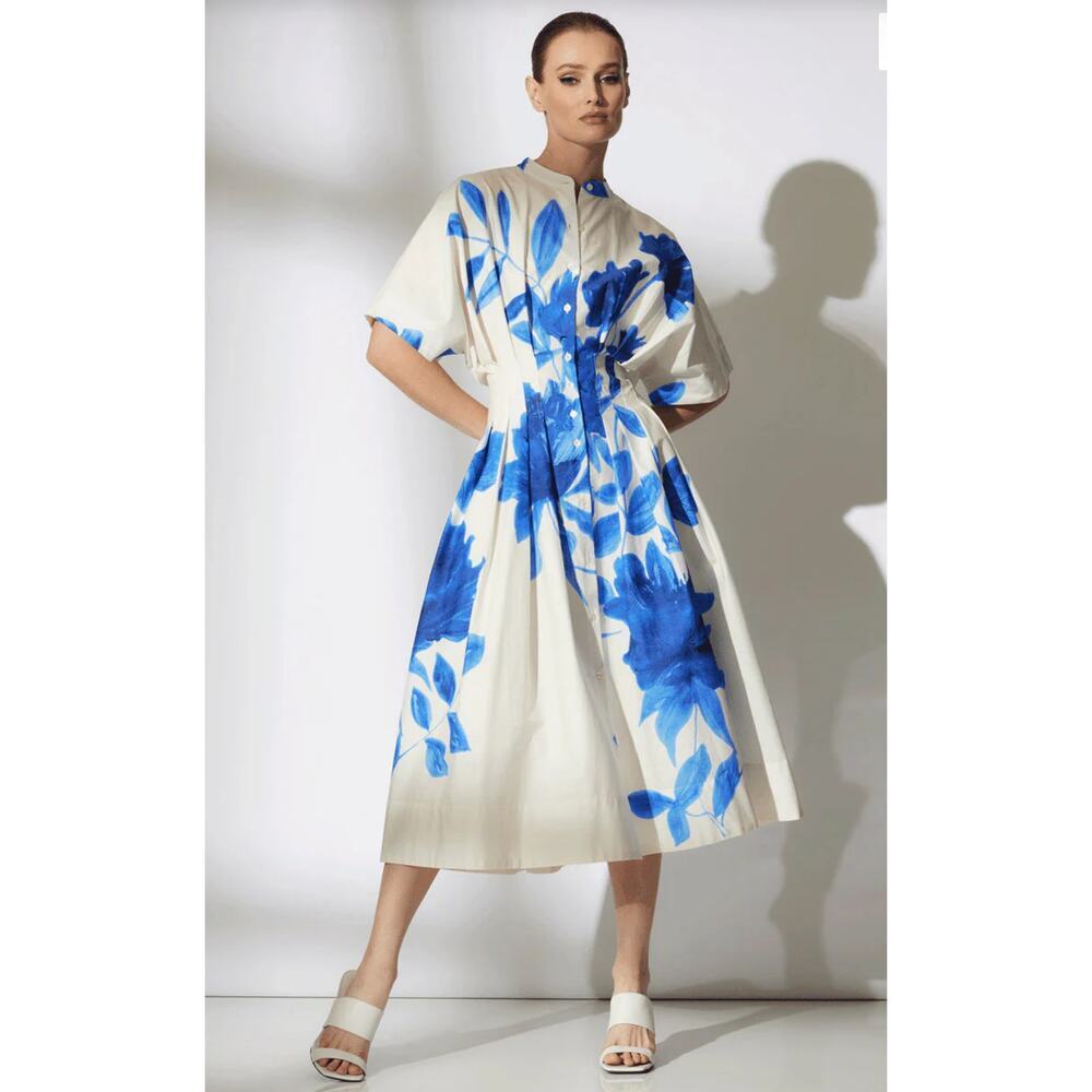 Natori Andora Printed Cotton Poplin Pleated Dress - Size 10